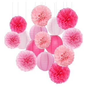 Set of 3 pink paper flower pom poms for hanging at party 8 inches